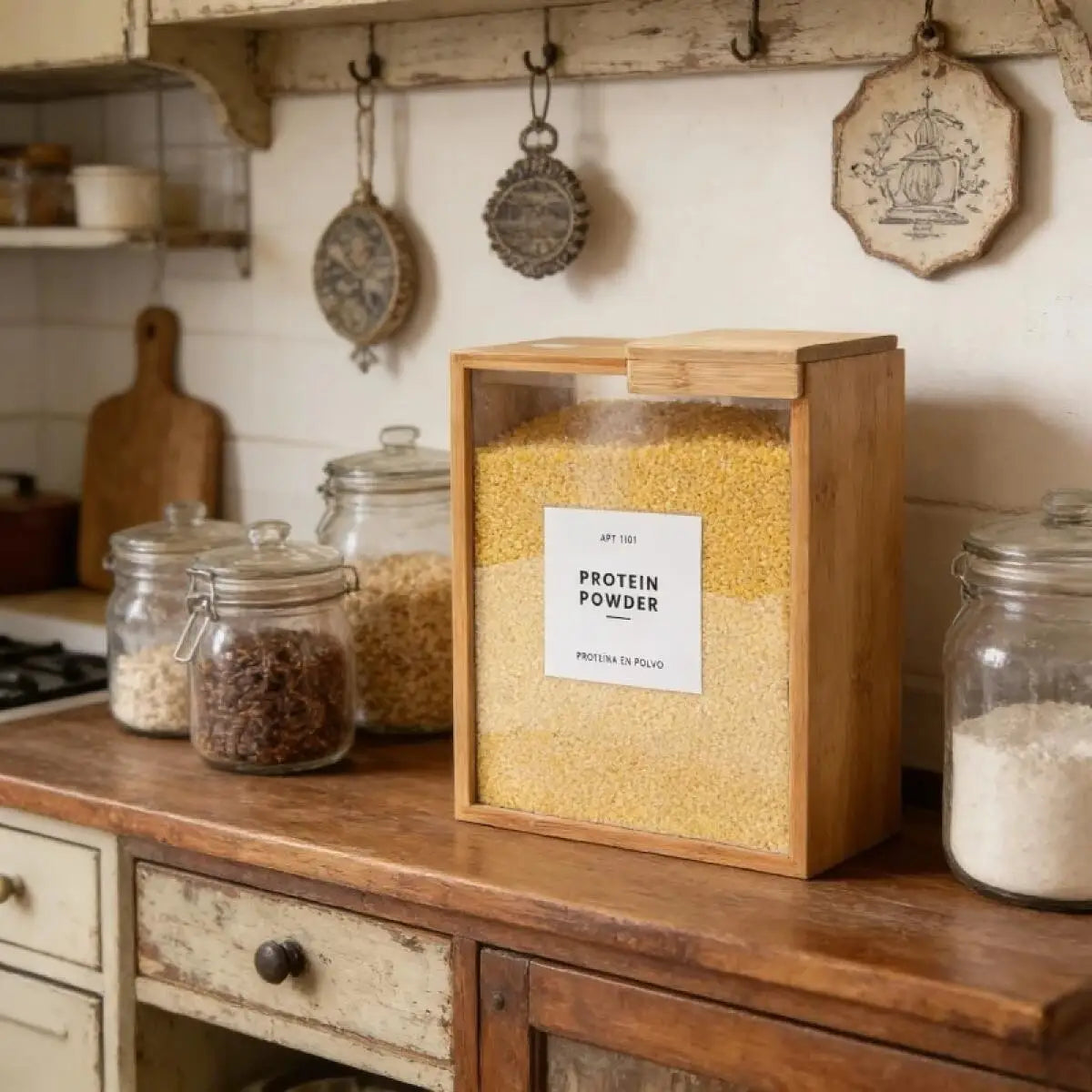 3L Rice Storage Container, Airtight Rectangular Wood Food Dispenser with Clear Sliding Lid for Rice, Flour, Pasta and Dry Goods - product view 5