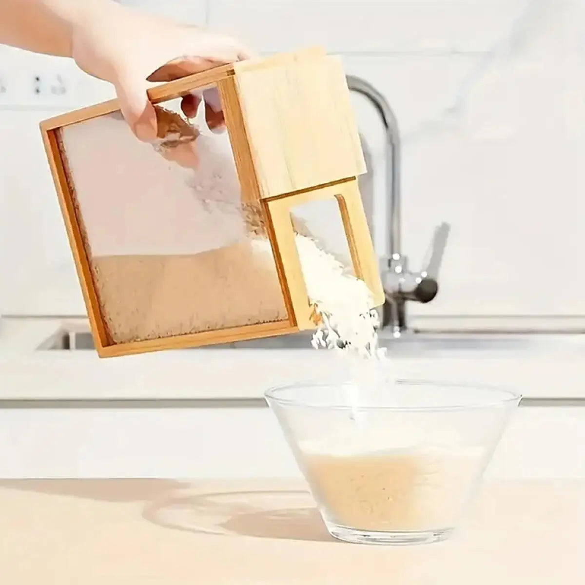 3L Rice Storage Container, Airtight Rectangular Wood Food Dispenser with Clear Sliding Lid for Rice, Flour, Pasta and Dry Goods - product view 6