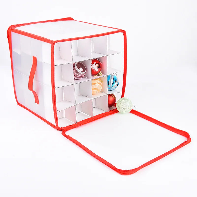 Christmas Ornament Storage Box, 32 or 64 Grid Plastic Divider Case, Removable Lid, Clear Window and Handle - product view 2