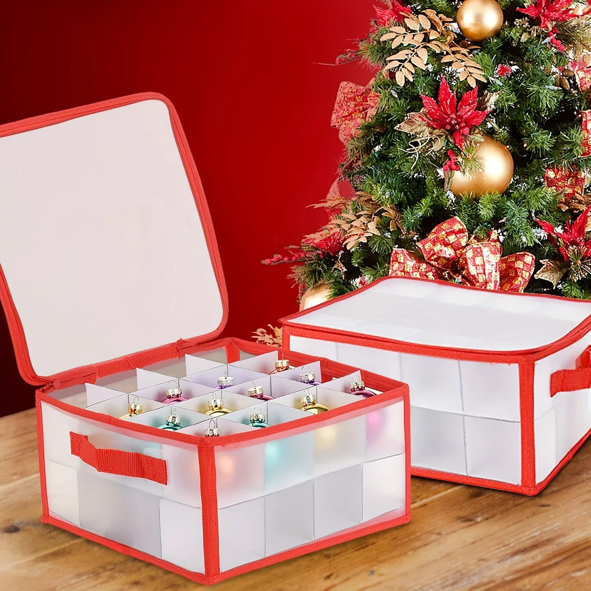 Christmas Ornament Storage Box, 32 or 64 Grid Plastic Divider Case, Removable Lid, Clear Window and Handle - product view 3