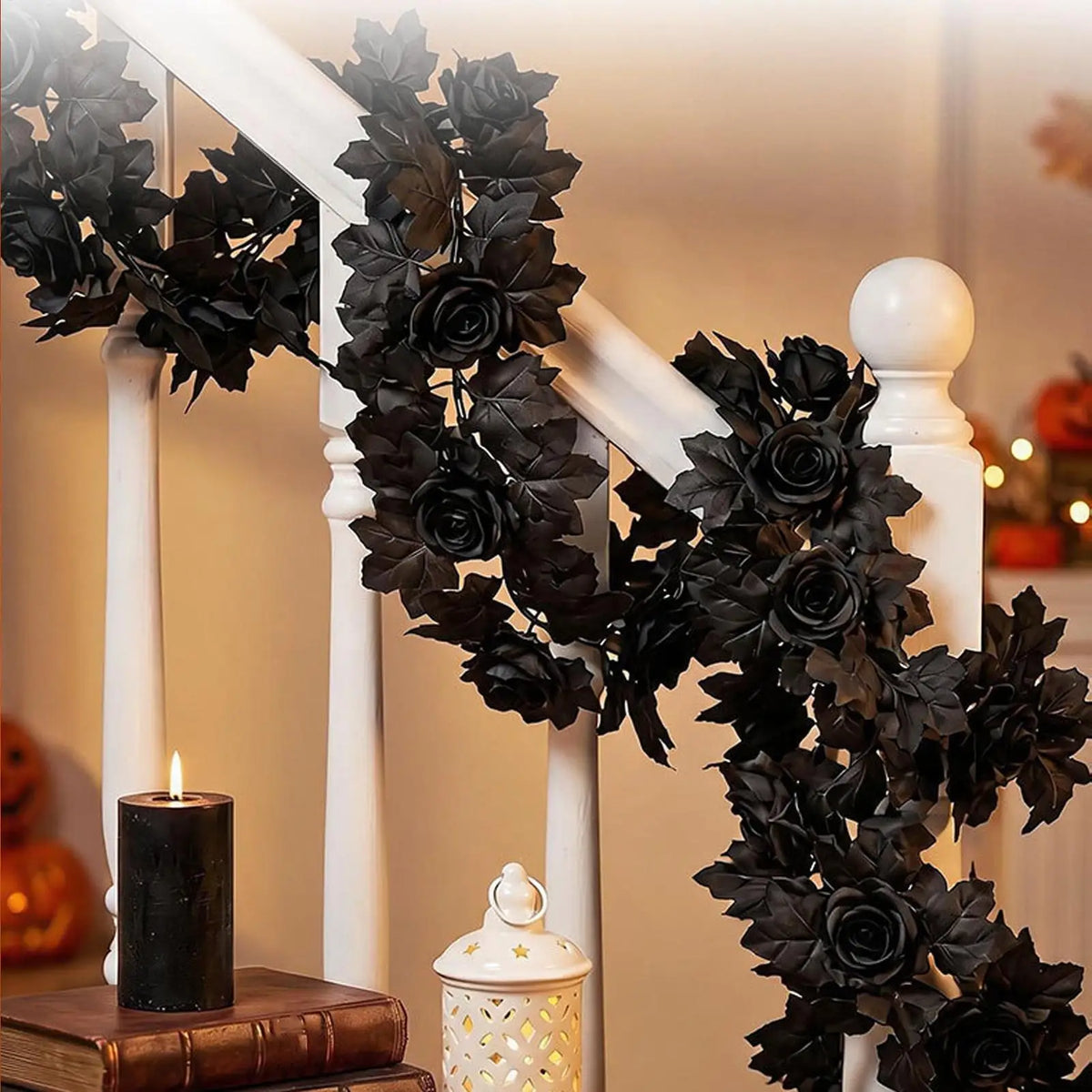 Black Halloween Garland, 175 cm Artificial Rose and Maple Leaf Vine, Lightweight Gothic Mantel, Door and Wall Party Décor - product view 5