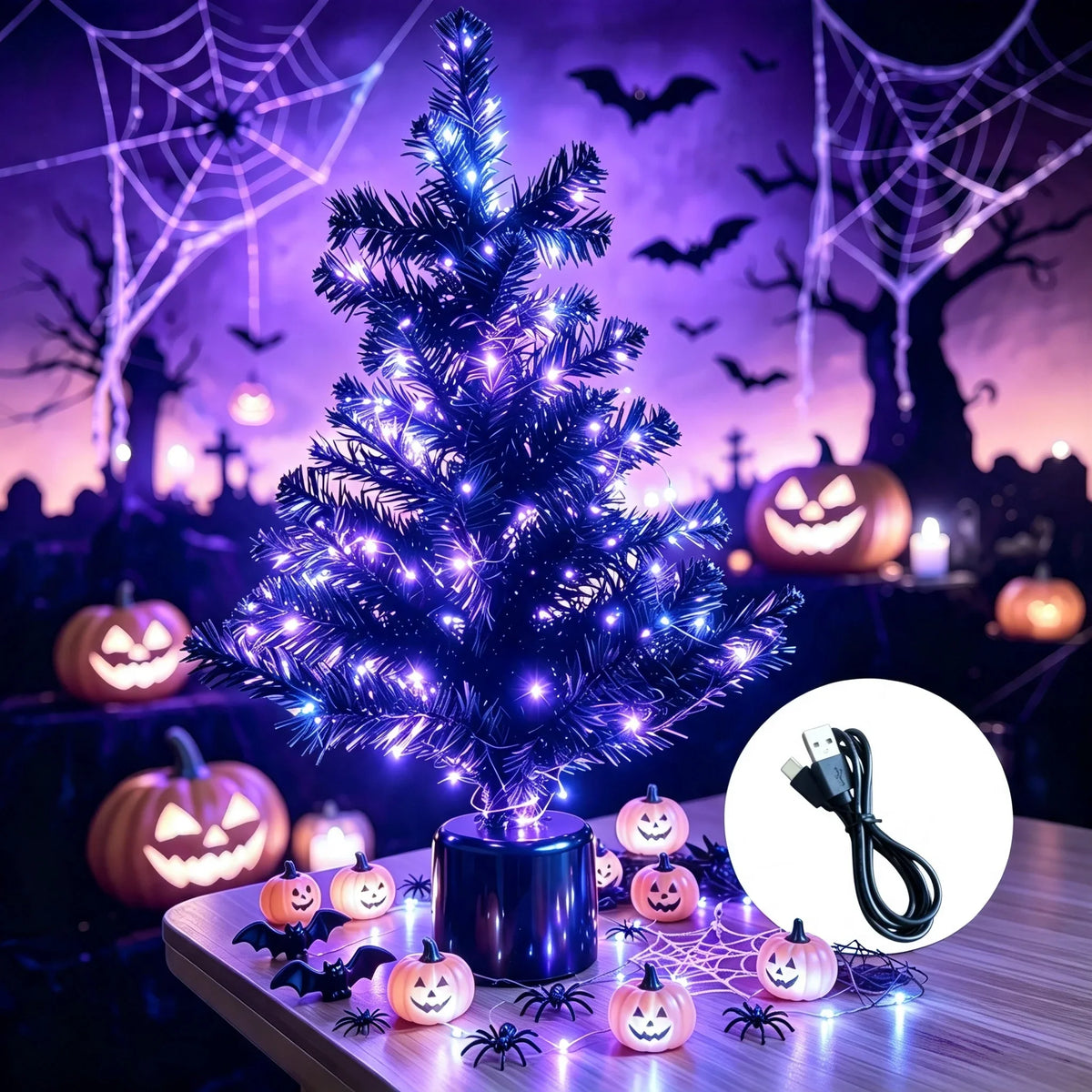 Purple LED Halloween Tree Light, 360° Rotating Musical Desktop Decoration, Plastic Landscape Lighting, 0–5V - product view 5