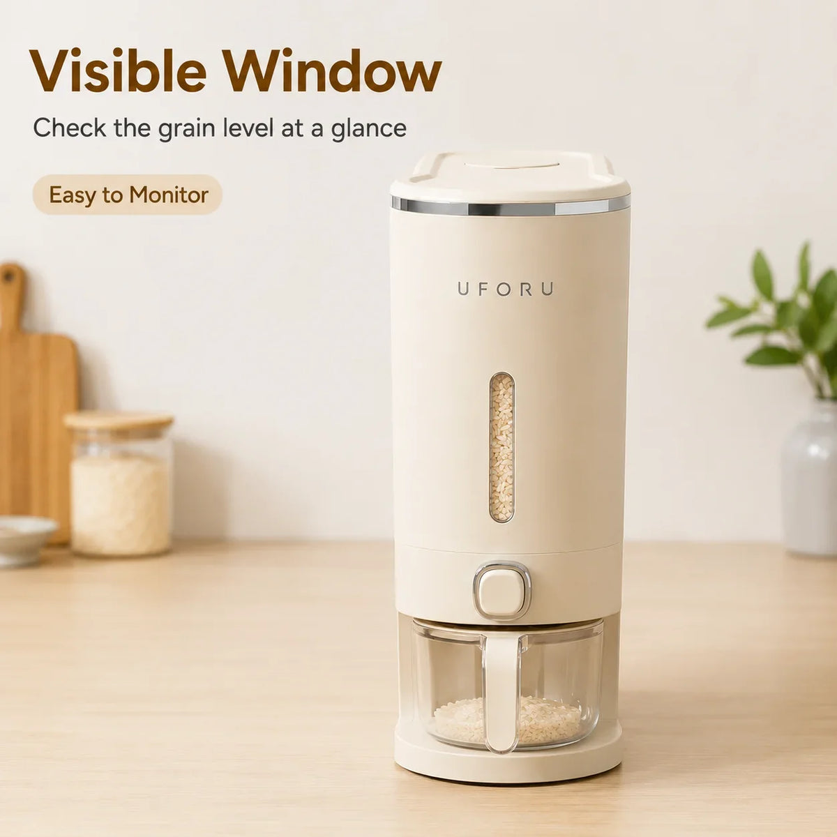 One-Hand Press Rice Dispenser, Large-Capacity PP Grain Storage Container with Visible Window for Kitchen Pantry - product view 4