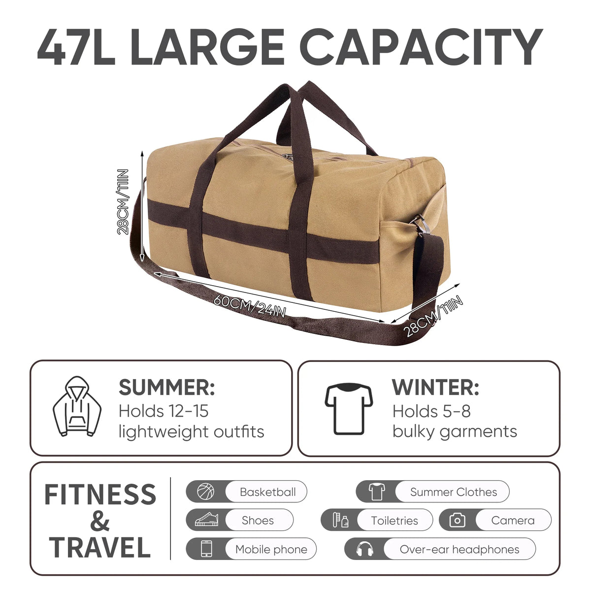 Convertible Travel Duffle Bag, 3-in-1 Carry Design with Backpack Straps, Solid Casual Style for Gym, Camping and Travel - product view 5