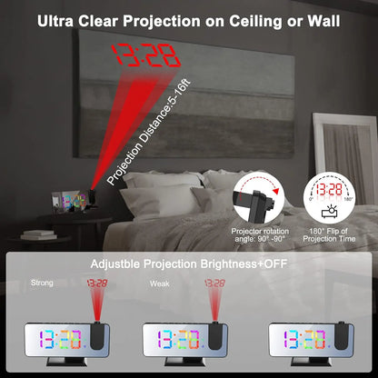 Projection Alarm Clock, LED Mirror Display with Dual Alarms, Snooze, Auto Dimming and 180° Rotatable Red Projector - product view 3