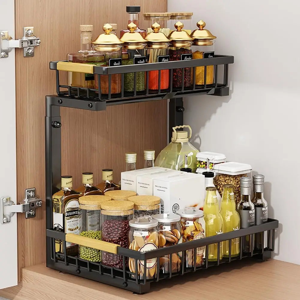 2-Tier Under Sink Organizer, L-Shaped Sliding Basket, 5-Level Adjustable Height for Kitchen and Bathroom Cabinets - product view 2
