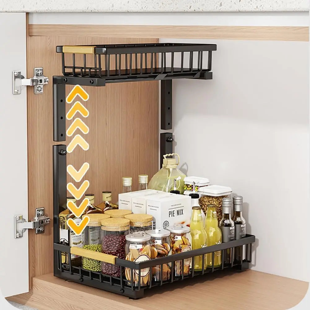 2-Tier Under Sink Organizer, L-Shaped Sliding Basket, 5-Level Adjustable Height for Kitchen and Bathroom Cabinets - product view 3
