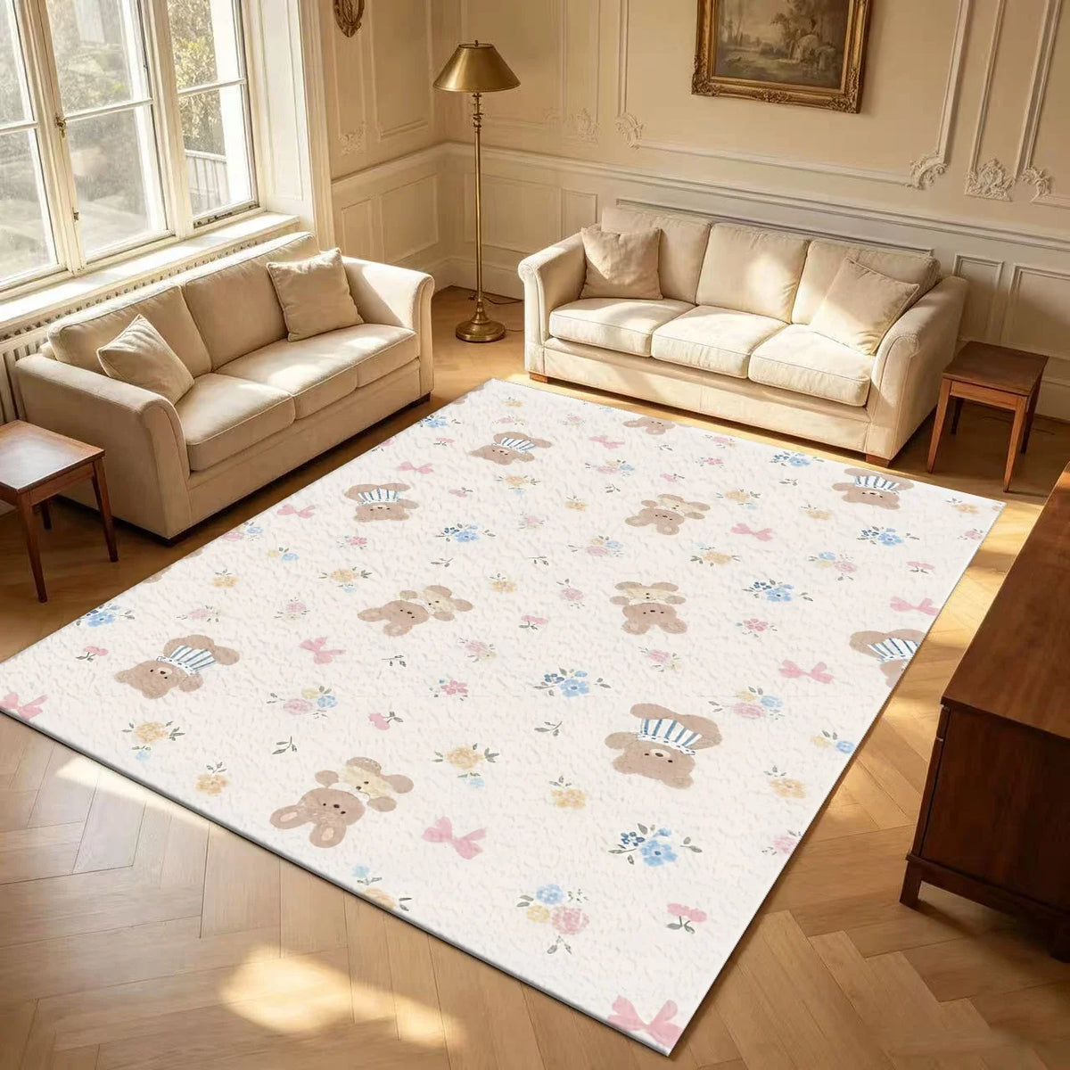 Cute Bear Floral Kids Rug, Striped 100% Polyester Carpet with Rubber Backing, Classic Home Rug in 5 Sizes - product view 1