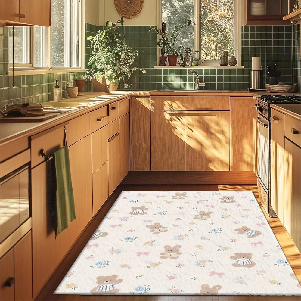Cute Bear Floral Kids Rug, Striped 100% Polyester Carpet with Rubber Backing, Classic Home Rug in 5 Sizes - product view 3