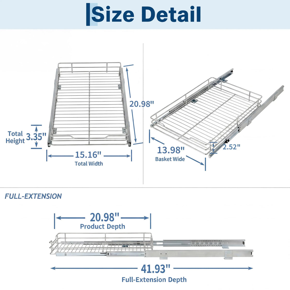 Pull-Out Cabinet Organizer, Stainless Steel Roll-Out Shelf with Full Extension, 50 lb Capacity, 12 or 15 x 21 Inch - product view 2