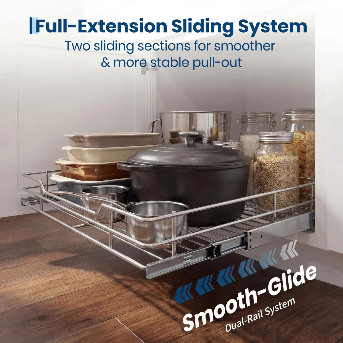 Pull-Out Cabinet Organizer, Stainless Steel Roll-Out Shelf with Full Extension, 50 lb Capacity, 12 or 15 x 21 Inch - product view 3