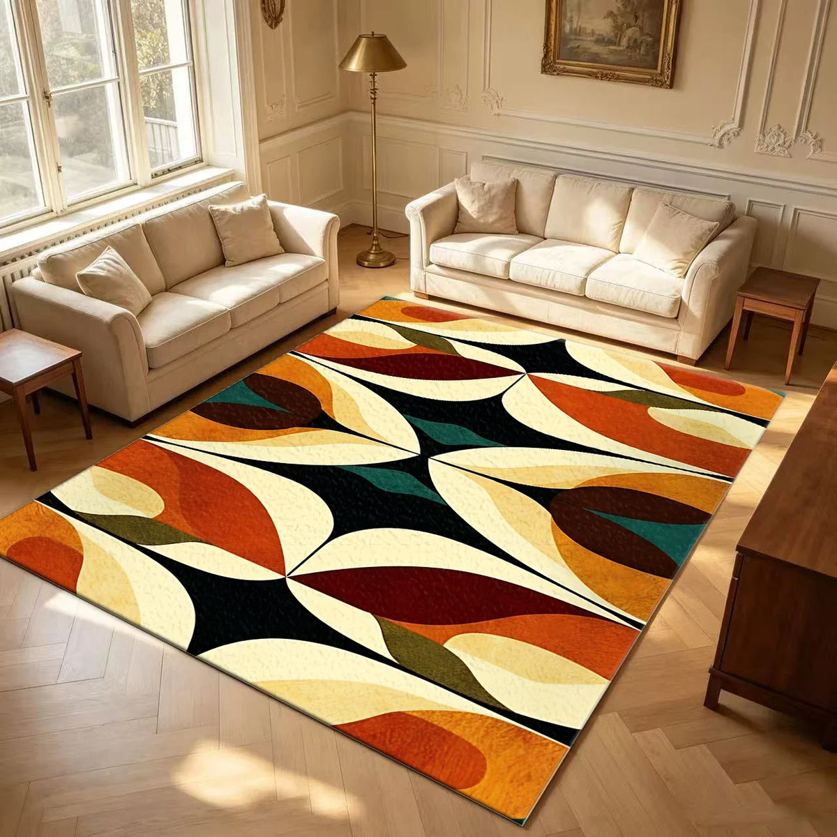 Mid-Century Geometric Striped Area Rug, 100% Polyester, Machine Made with Rubber Backing, Multiple Sizes for Home - product view 1