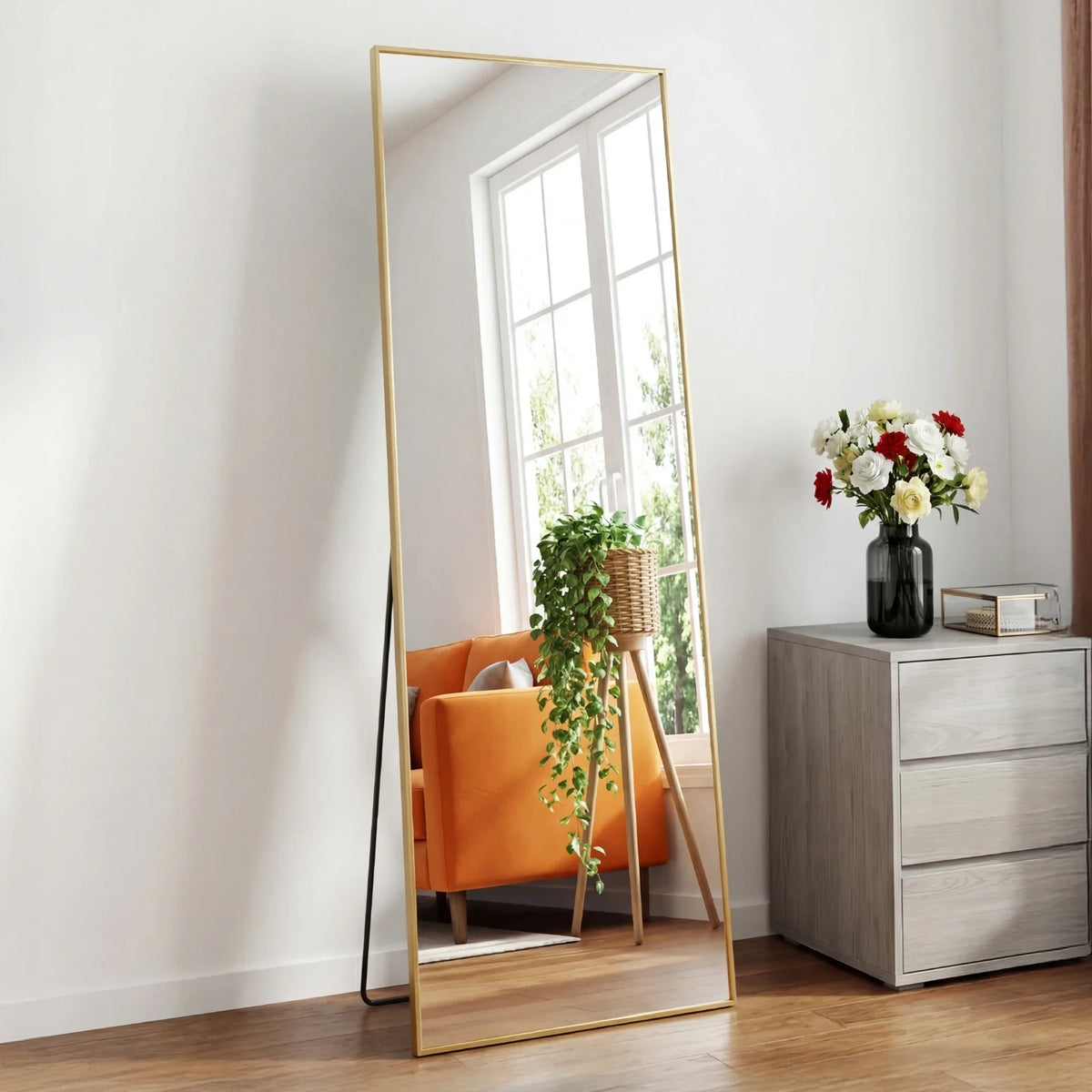 58 x 19 in Full Length Mirror, Aluminum Alloy Frame, HD Nano-Tempered Glass, Stand, Wall-Mount and Leaning Options - product view 1
