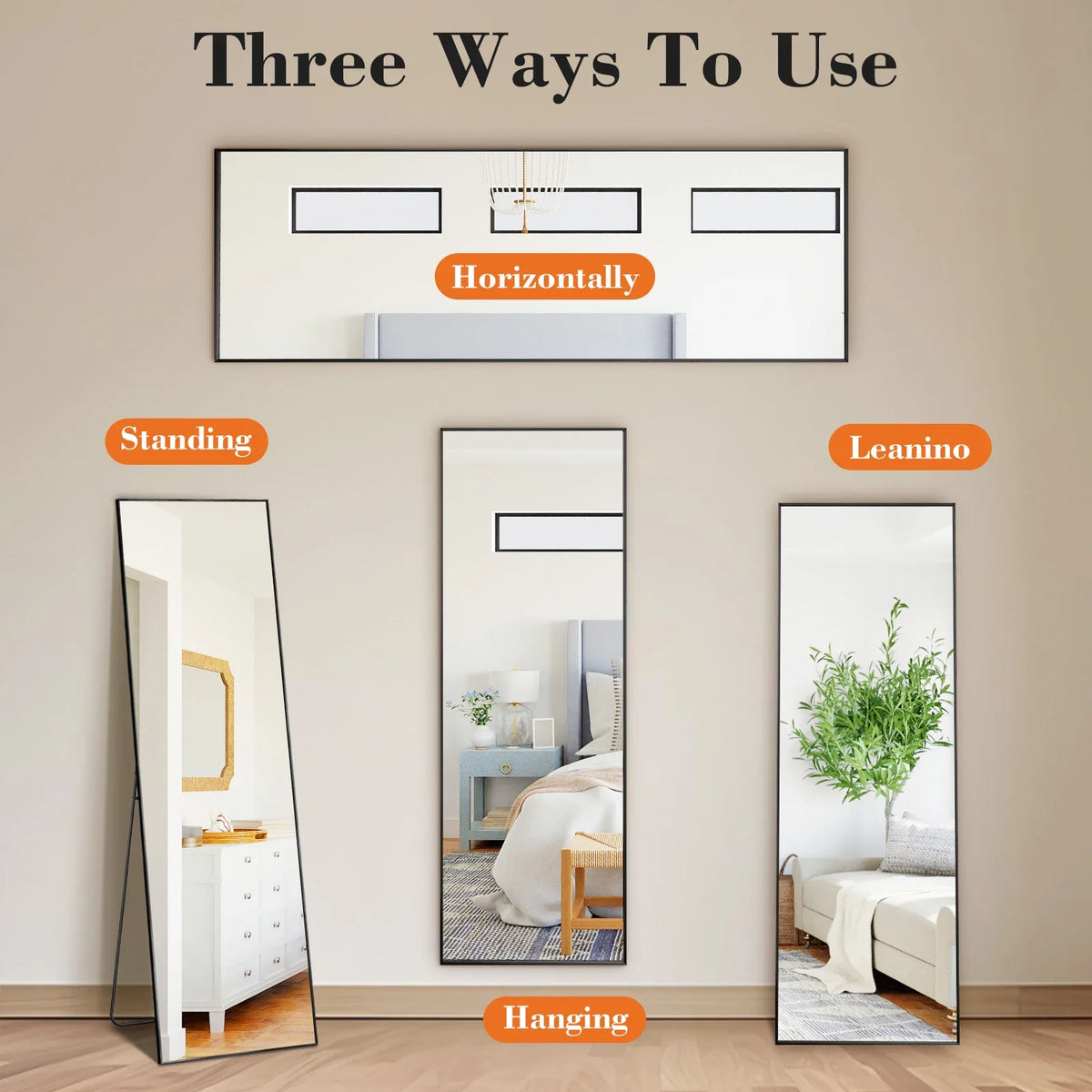 58 x 19 in Full Length Mirror, Aluminum Alloy Frame, HD Nano-Tempered Glass, Stand, Wall-Mount and Leaning Options - product view 6