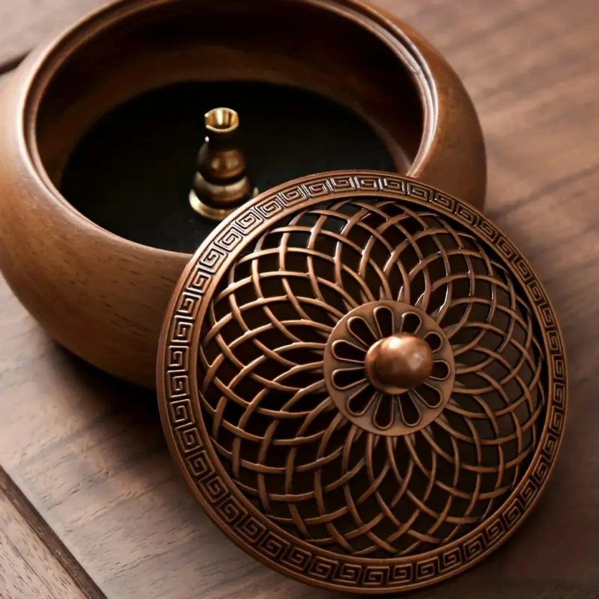 Walnut Wood Incense Holder, Carved Metal Lid, Vintage Round Aromatherapy Burner for Stick, Cone and Coil Incense - product view 1