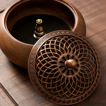 Walnut Wood Incense Holder, Carved Metal Lid, Vintage Round Aromatherapy Burner for Stick, Cone and Coil Incense - product view 1
