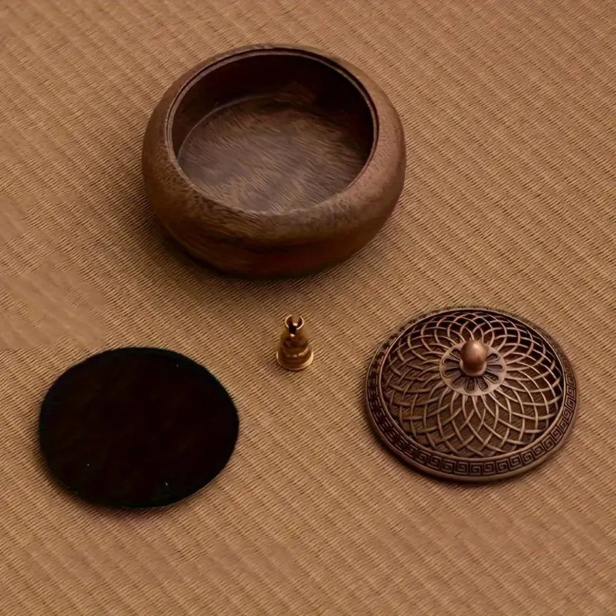 Walnut Wood Incense Holder, Carved Metal Lid, Vintage Round Aromatherapy Burner for Stick, Cone and Coil Incense - product view 2