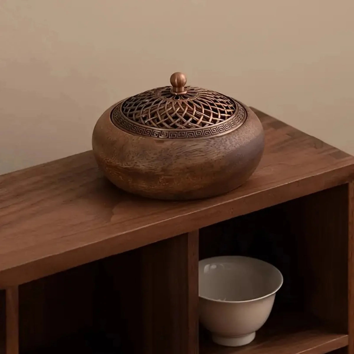 Walnut Wood Incense Holder, Carved Metal Lid, Vintage Round Aromatherapy Burner for Stick, Cone and Coil Incense - product view 3