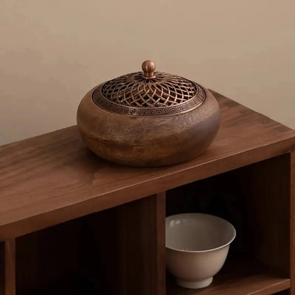 Walnut Wood Incense Holder, Carved Metal Lid, Vintage Round Aromatherapy Burner for Stick, Cone and Coil Incense - product view 3