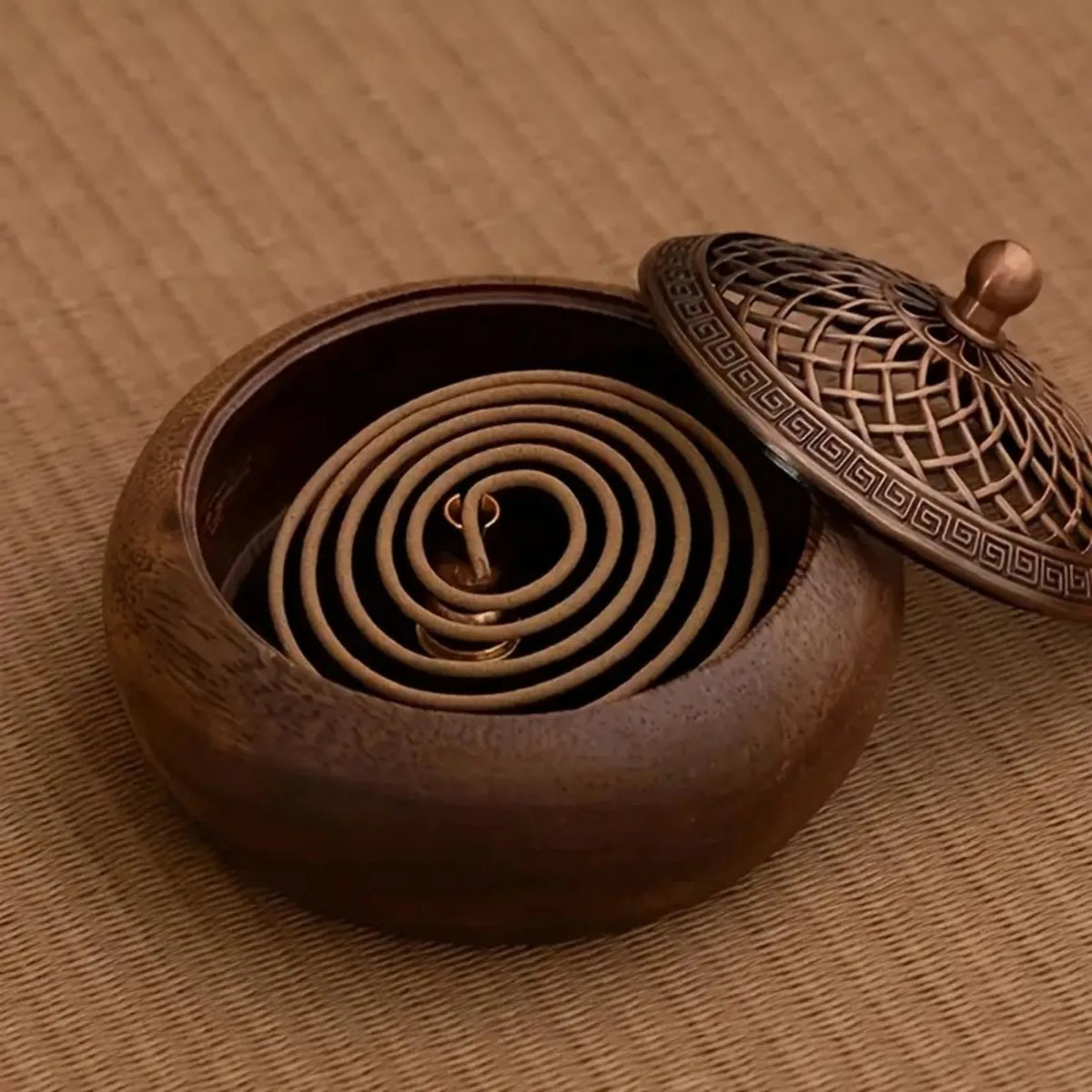 Walnut Wood Incense Holder, Carved Metal Lid, Vintage Round Aromatherapy Burner for Stick, Cone and Coil Incense - product view 4