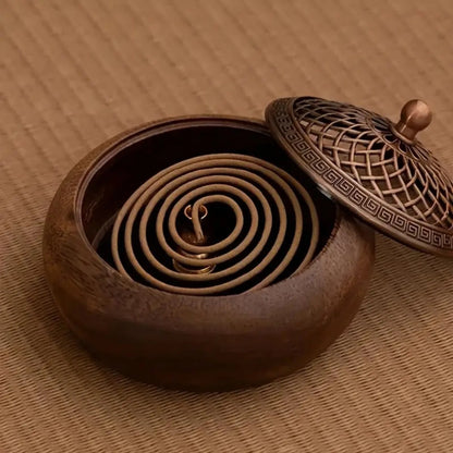 Walnut Wood Incense Holder, Carved Metal Lid, Vintage Round Aromatherapy Burner for Stick, Cone and Coil Incense - product view 4