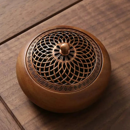 Walnut Wood Incense Holder, Carved Metal Lid, Vintage Round Aromatherapy Burner for Stick, Cone and Coil Incense - product view 5