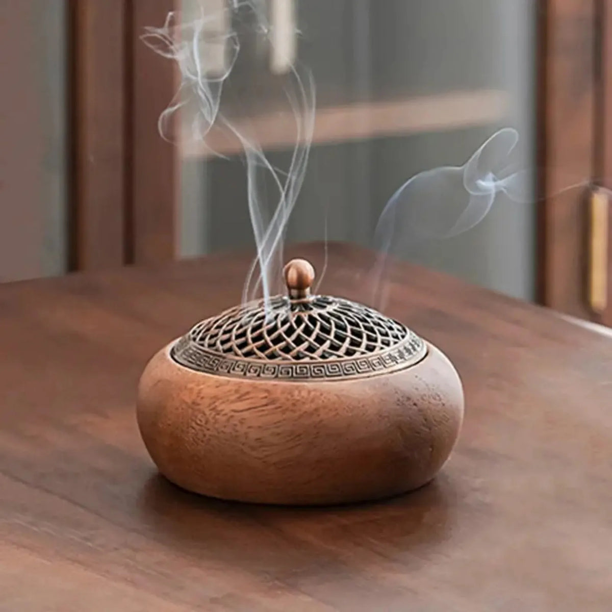 Walnut Wood Incense Holder, Carved Metal Lid, Vintage Round Aromatherapy Burner for Stick, Cone and Coil Incense - product view 6