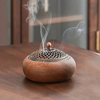 Walnut Wood Incense Holder, Carved Metal Lid, Vintage Round Aromatherapy Burner for Stick, Cone and Coil Incense - product view 6