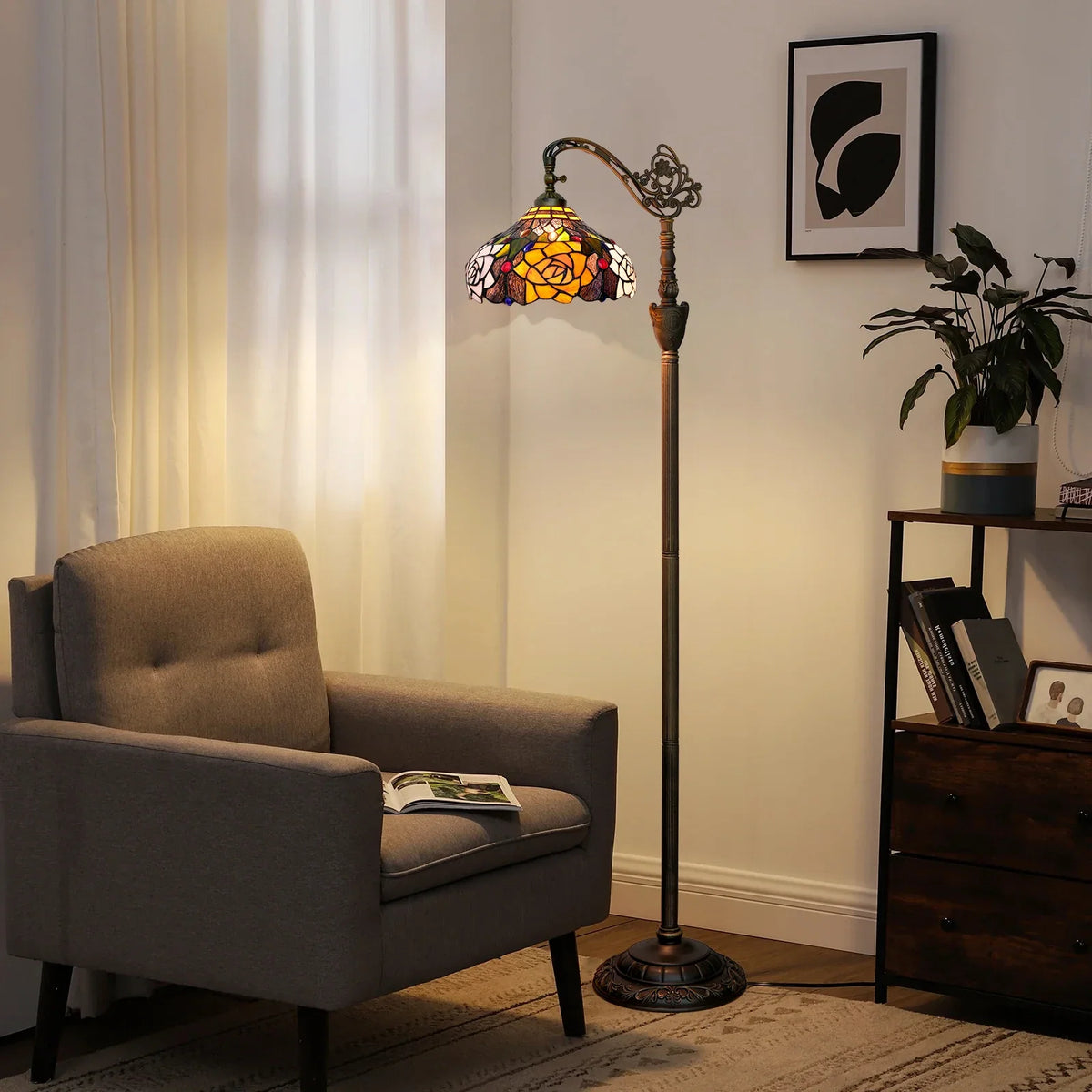 Tiffany Arched Floor Lamp, Vintage Stained-Glass Gooseneck Reading Light, 160 cm Tall, E27 and Multi-Plug Options - product view 3
