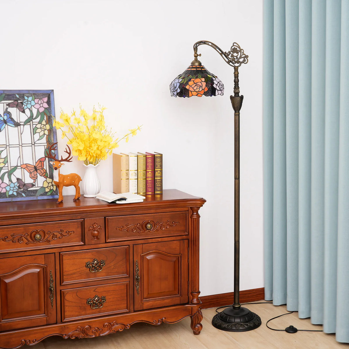 Tiffany Arched Floor Lamp, Vintage Stained-Glass Gooseneck Reading Light, 160 cm Tall, E27 and Multi-Plug Options - product view 4