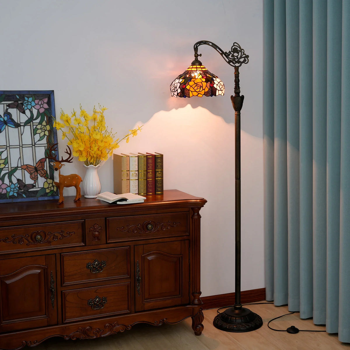 Tiffany Arched Floor Lamp, Vintage Stained-Glass Gooseneck Reading Light, 160 cm Tall, E27 and Multi-Plug Options - product view 5