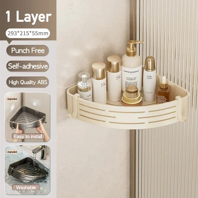 Corner Shower Shelf, No-Drill Self-Adhesive Plastic Wall Mount Caddy, Hollow Drainage Base, 1/2/3-Tier Options - product view 2