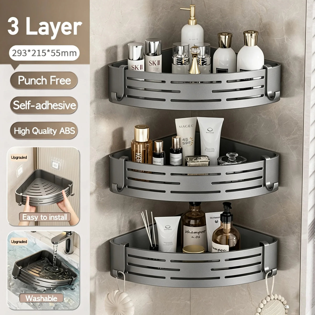Corner Shower Shelf, No-Drill Self-Adhesive Plastic Wall Mount Caddy, Hollow Drainage Base, 1/2/3-Tier Options - product view 5