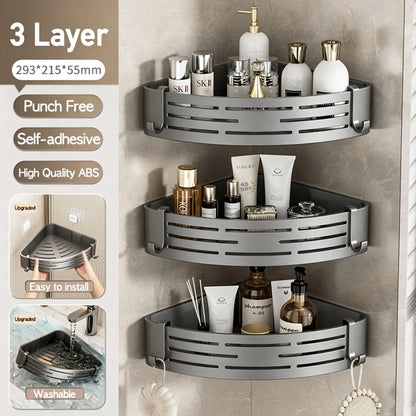 Corner Shower Shelf, No-Drill Self-Adhesive Plastic Wall Mount Caddy, Hollow Drainage Base, 1/2/3-Tier Options - product view 5