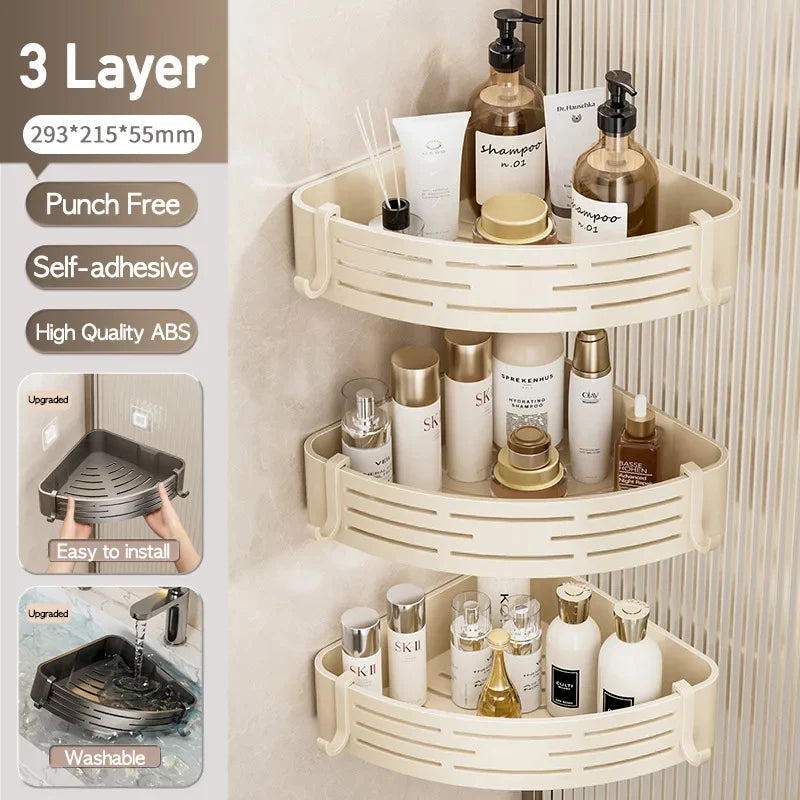 Corner Shower Shelf, No-Drill Self-Adhesive Plastic Wall Mount Caddy, Hollow Drainage Base, 1/2/3-Tier Options - product view 6