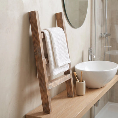 Wooden Towel Ladder Rack, Rustic Countertop Tea Towel Holder, Compact Bathroom or Kitchen Storage, 35 × 23.8 × 3.3 cm, Brown or Black - product view 6