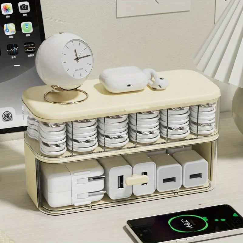 Double-Layer Cable Storage Box, Adjustable Dividers, Cord Organizer and Charger Storage for Home Office and Desk - product view 2
