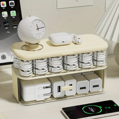 Double-Layer Cable Storage Box, Adjustable Dividers, Cord Organizer and Charger Storage for Home Office and Desk - product view 2