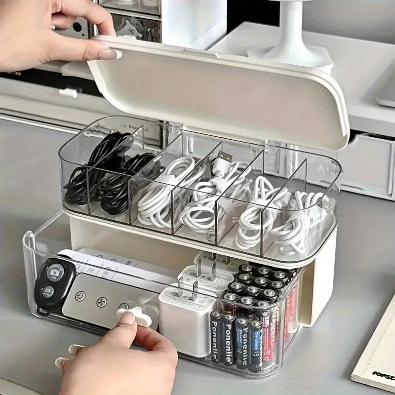 Double-Layer Cable Storage Box, Adjustable Dividers, Cord Organizer and Charger Storage for Home Office and Desk - product view 3