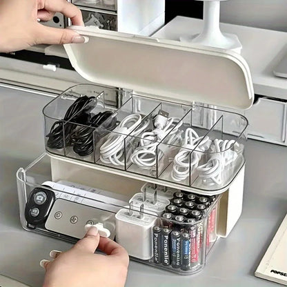 Double-Layer Cable Storage Box, Adjustable Dividers, Cord Organizer and Charger Storage for Home Office and Desk - product view 3