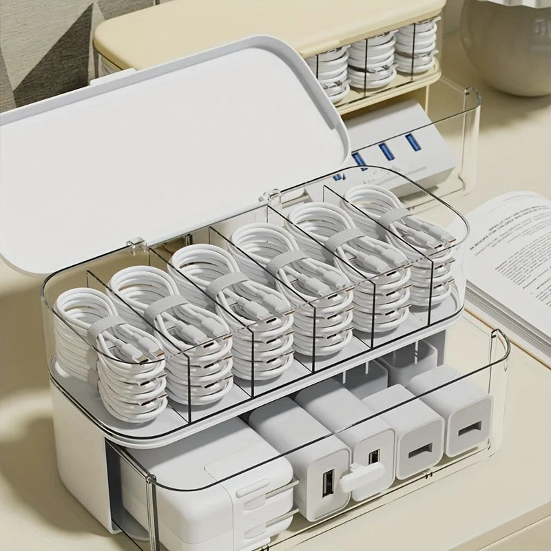 Double-Layer Cable Storage Box, Adjustable Dividers, Cord Organizer and Charger Storage for Home Office and Desk - product view 4
