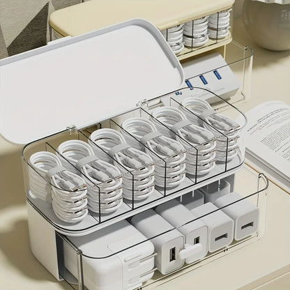 Double-Layer Cable Storage Box, Adjustable Dividers, Cord Organizer and Charger Storage for Home Office and Desk - product view 4