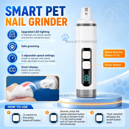 Rechargeable Pet Nail Grinder, 3 Speeds, LED Light, Smart Display, 1200 mAh Battery for Cats, Dogs and Small to Large Pets - product view 6
