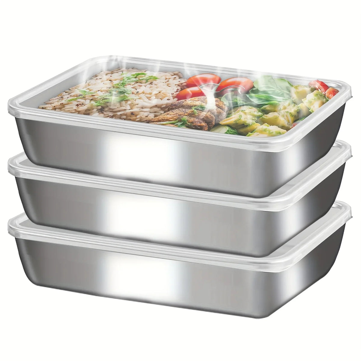 3-Piece Stainless Steel Food Storage Containers, Stackable Design, Clear Lids for Kitchen, Lunch and Camping - product view 1