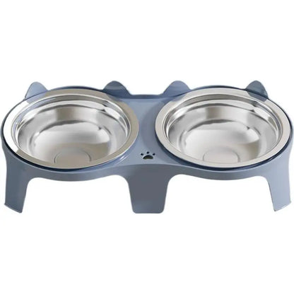 Stainless Steel Double Cat Bowl, Elevated 8 cm Stand, Anti-Tip Rounded Design, 2 × 100 ml, Blue, Black or Pink - product view 1