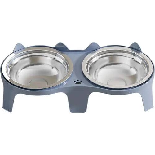 Stainless Steel Double Cat Bowl, Elevated 8 cm Stand, Anti-Tip Rounded Design, 2 × 100 ml, Blue, Black or Pink - product view 1