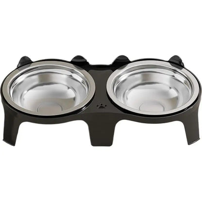 Stainless Steel Double Cat Bowl, Elevated 8 cm Stand, Anti-Tip Rounded Design, 2 × 100 ml, Blue, Black or Pink - product view 2