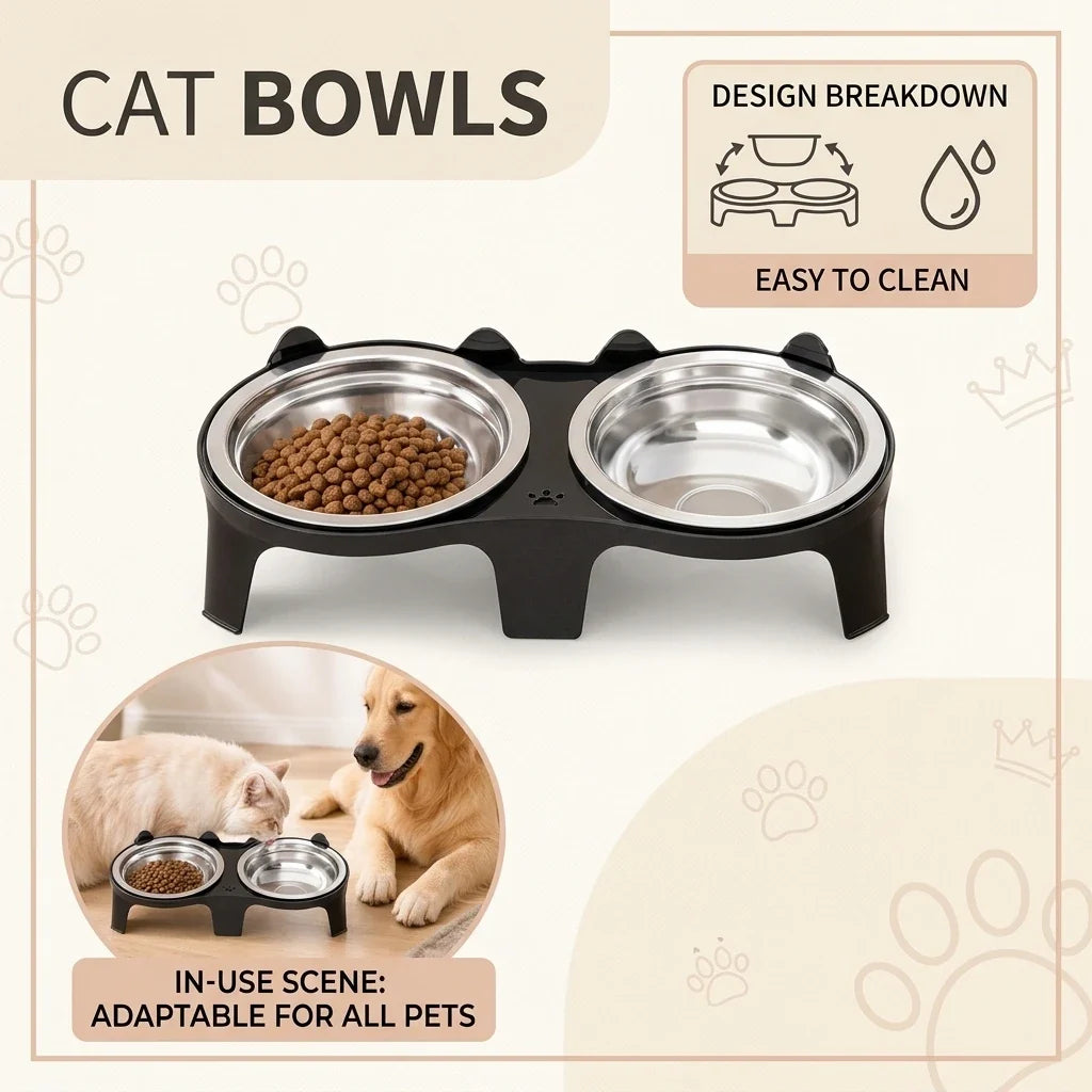Stainless Steel Double Cat Bowl, Elevated 8 cm Stand, Anti-Tip Rounded Design, 2 × 100 ml, Blue, Black or Pink - product view 4