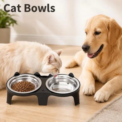 Stainless Steel Double Cat Bowl, Elevated 8 cm Stand, Anti-Tip Rounded Design, 2 × 100 ml, Blue, Black or Pink - product view 5