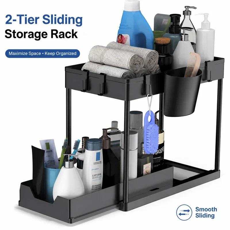 2-Tier Sliding Under Sink Organizer, Pull-Out PP Cabinet Rack with Hooks and Detachable Hanging Cup for Kitchen or Bathroom - product view 2